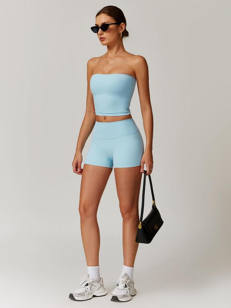 Women'S Solid Color Crop Tube Top & Shorts Sportswear Set, Casual Comfy Breathable Two-Piece Outfits for Yoga Gym Workout Running, Tracksuit Set, Ladies Sportswear for All Seasons, Activewear, Workout Clothes Women