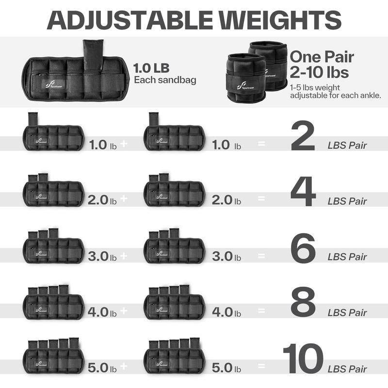 Sportneer Adjustable Ankle Weights 1 Pair 2 4 6 8 10 Lbs Leg Weight Straps for Women Men, Weighted Ankle Weights Set for Gym,Fitness, Workout,Walking, Jogging,1-5 Lbs Each Ankle, 1 Pair 2-10 Lbs
