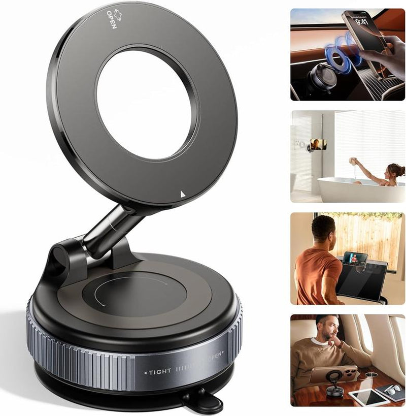 Springtok Magnetic Car Phone Holder for Magsafe, Ultra Vacuum Suction Cup Phone Mount 360° Cell Phone Holders for Your Car Accessories Compact Smartphone Adjustable Folding Grip Cellphone Stand Black Phone Holder for Car