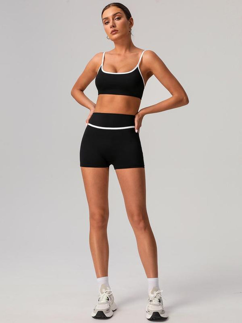 Women'S Contrast Binding Crop Sports Bra & High Waist Shorts Sportswear Set, Breathable Comfortable Outfits for Yoga Gym Workout Running, Tracksuit Set, Activewear, Ladies Sportswear for All Seasons, Workout Sets Women