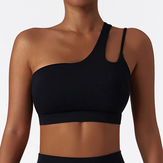 Oblique Shoulder Shockproof Yoga Bra Women'S Beautiful Back Gym Sports Underwear Irregular Straps Running Fitness Vest Top