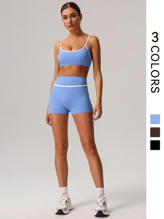 Women'S Contrast Binding Crop Sports Bra & High Waist Shorts Sportswear Set, Breathable Comfortable Outfits for Yoga Gym Workout Running, Tracksuit Set, Activewear, Ladies Sportswear for All Seasons, Workout Sets Women
