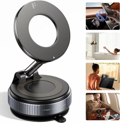 Springtok Magnetic Car Phone Holder for Magsafe, Ultra Vacuum Suction Cup Phone Mount 360° Cell Phone Holders for Your Car Accessories Compact Smartphone Adjustable Folding Grip Cellphone Stand Black Phone Holder for Car