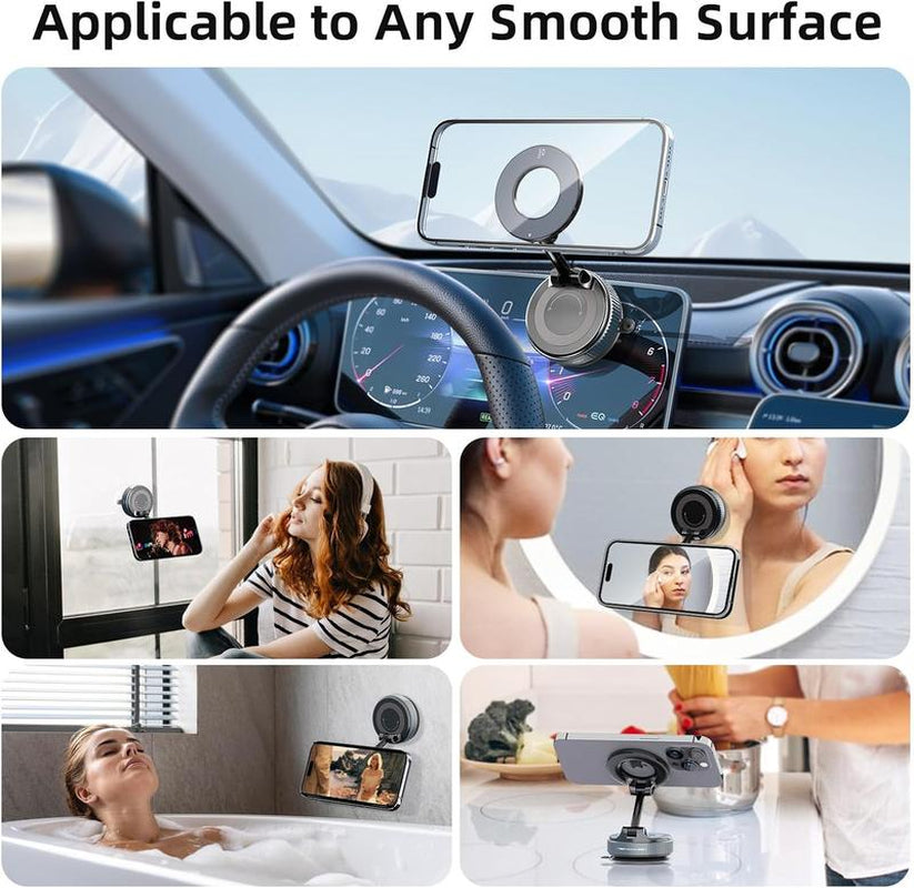 Springtok Magnetic Car Phone Holder for Magsafe, Ultra Vacuum Suction Cup Phone Mount 360° Cell Phone Holders for Your Car Accessories Compact Smartphone Adjustable Folding Grip Cellphone Stand Black Phone Holder for Car