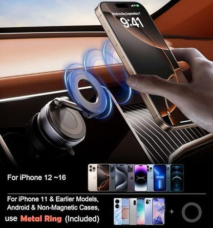 Springtok Magnetic Car Phone Holder for Magsafe, Ultra Vacuum Suction Cup Phone Mount 360° Cell Phone Holders for Your Car Accessories Compact Smartphone Adjustable Folding Grip Cellphone Stand Black Phone Holder for Car