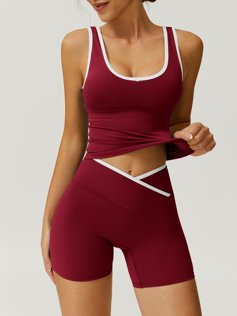 2 Piece Set Women'S Patchwork High Elasticity Soft U-Neck Wide Shoulder Strap Vest Cross Waist Shorts Yoga Suit Set for All Seasons Running, Cycling, Hiking, Walking Fashion Set Gym Sports Training Versatile Vest Shorts, Workout Clothes