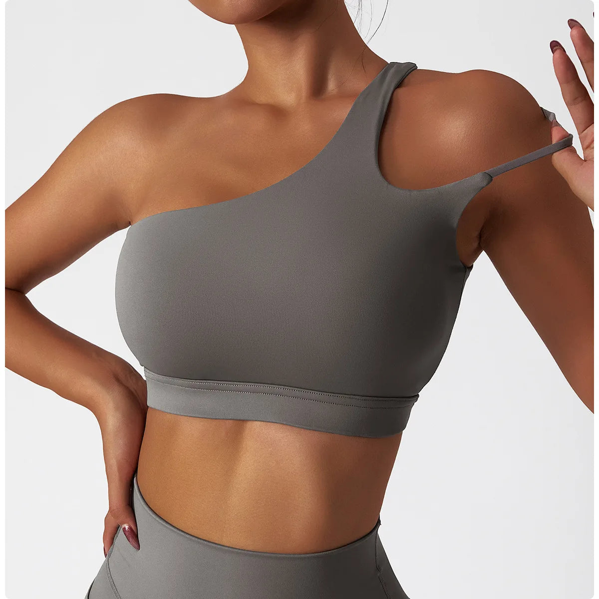 Oblique Shoulder Shockproof Yoga Bra Women'S Beautiful Back Gym Sports Underwear Irregular Straps Running Fitness Vest Top