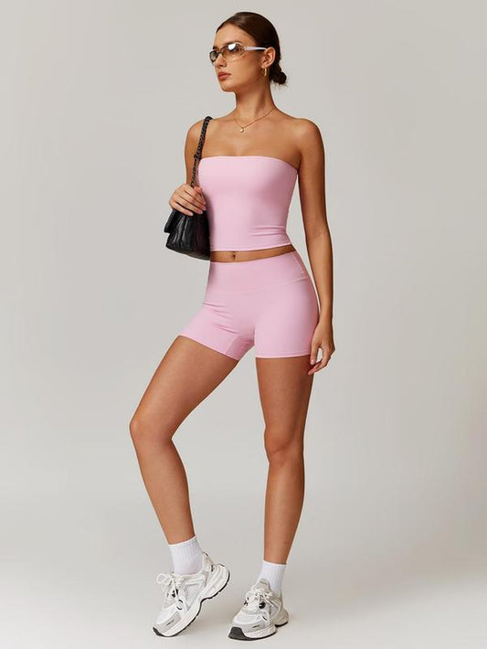 Women'S Solid Color Crop Tube Top & Shorts Sportswear Set, Casual Comfy Breathable Two-Piece Outfits for Yoga Gym Workout Running, Tracksuit Set, Ladies Sportswear for All Seasons, Activewear, Workout Clothes Women