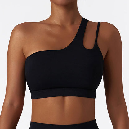 Oblique Shoulder Shockproof Yoga Bra Women'S Beautiful Back Gym Sports Underwear Irregular Straps Running Fitness Vest Top