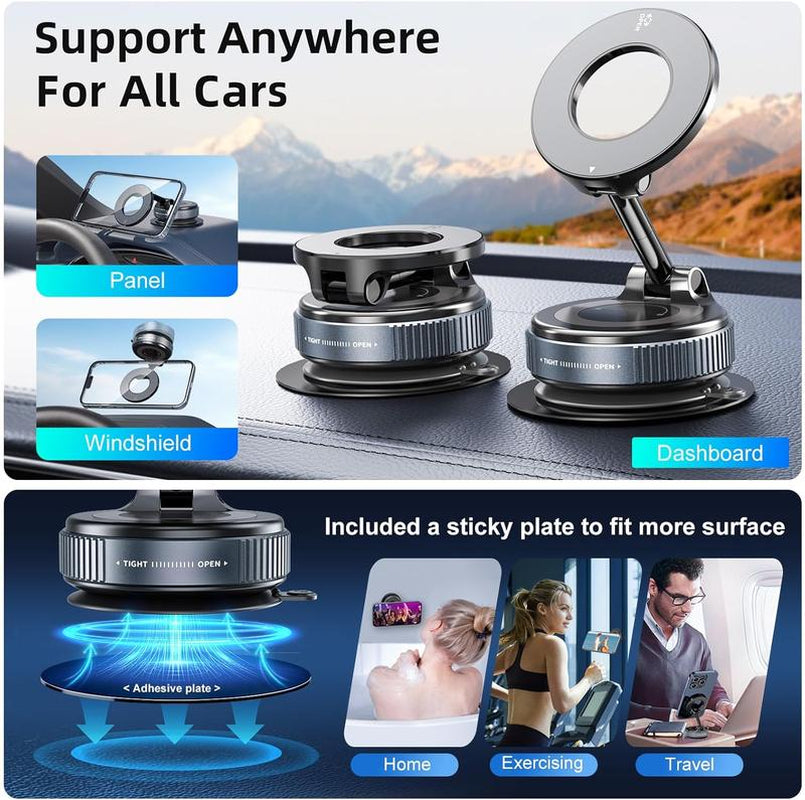 Springtok Magnetic Car Phone Holder for Magsafe, Ultra Vacuum Suction Cup Phone Mount 360° Cell Phone Holders for Your Car Accessories Compact Smartphone Adjustable Folding Grip Cellphone Stand Black Phone Holder for Car